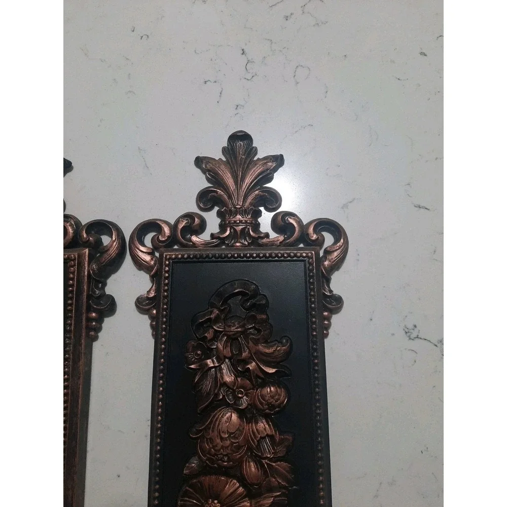 Syroco Wall Plaques Vintage 1970 MCM 2 Black - Bronze Flowers & Fruits 7221 7222